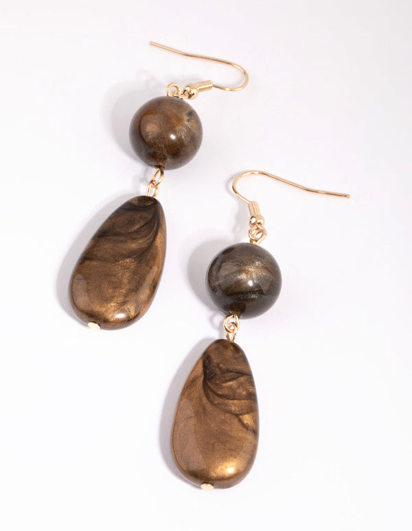 Brown Double Swirled Bead Drop Earrings