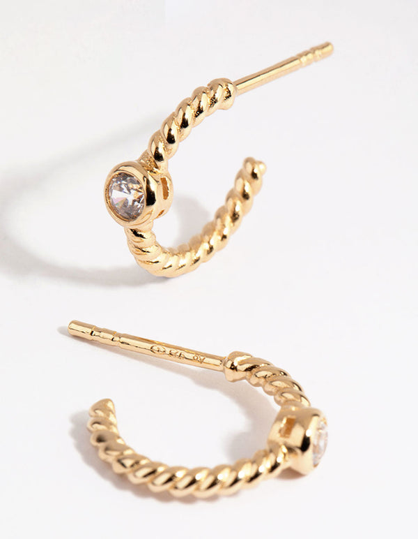Gold Plated Sterling Silver Diamante and Twist Hoop Earrings