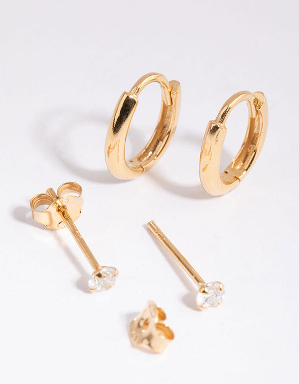 Gold Plated Sterling Silver Diamante and Oval Huggie Earring Pack