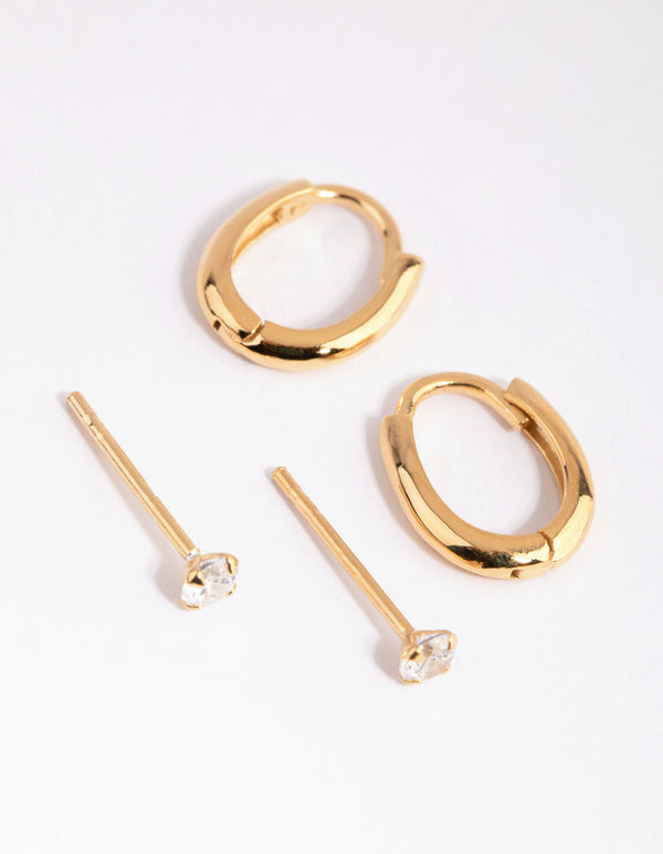 Gold Plated Sterling Silver Diamante and Oval Huggie Earring Pack
