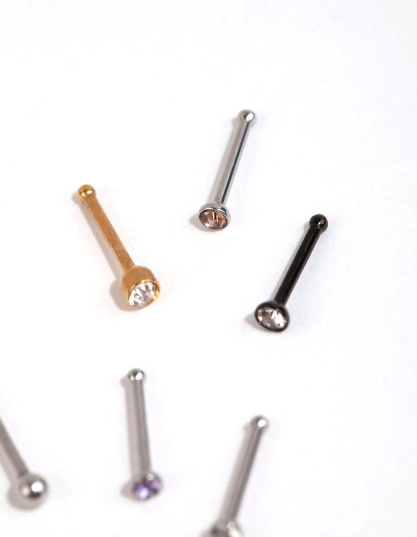 Mixed Metal Ball and Diamante Nose Stud Pack