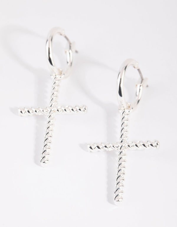 Silver Twisted Cross Huggie Earrings