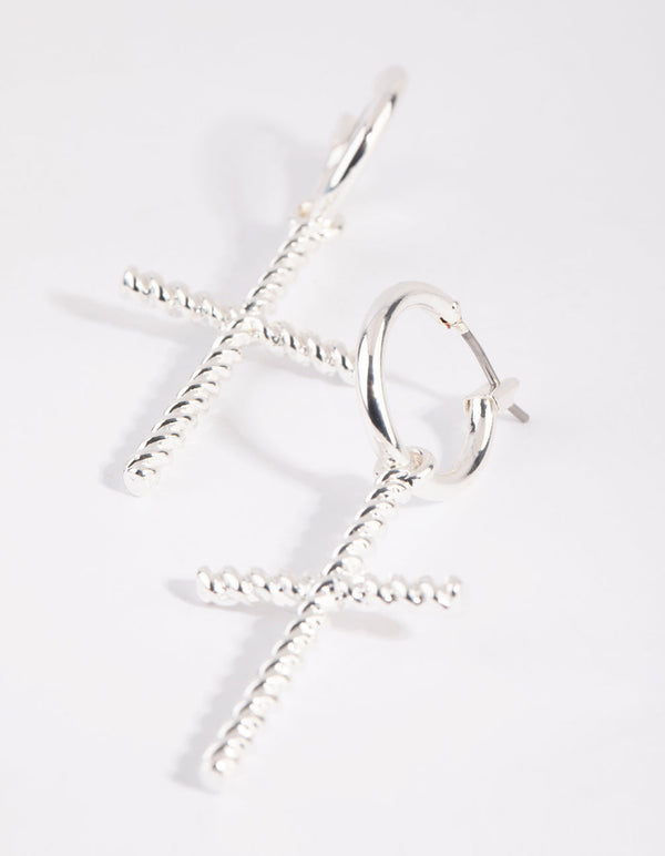 Silver Twisted Cross Huggie Earrings