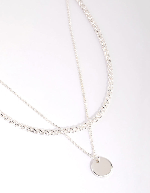 Silver Mesh Chain Disc Layered Necklace