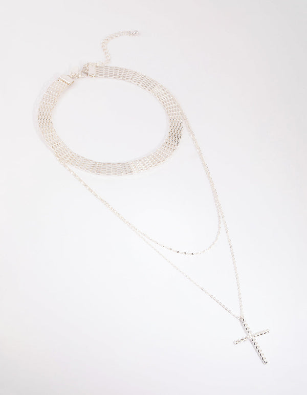 Silver Mesh and Cross Necklace