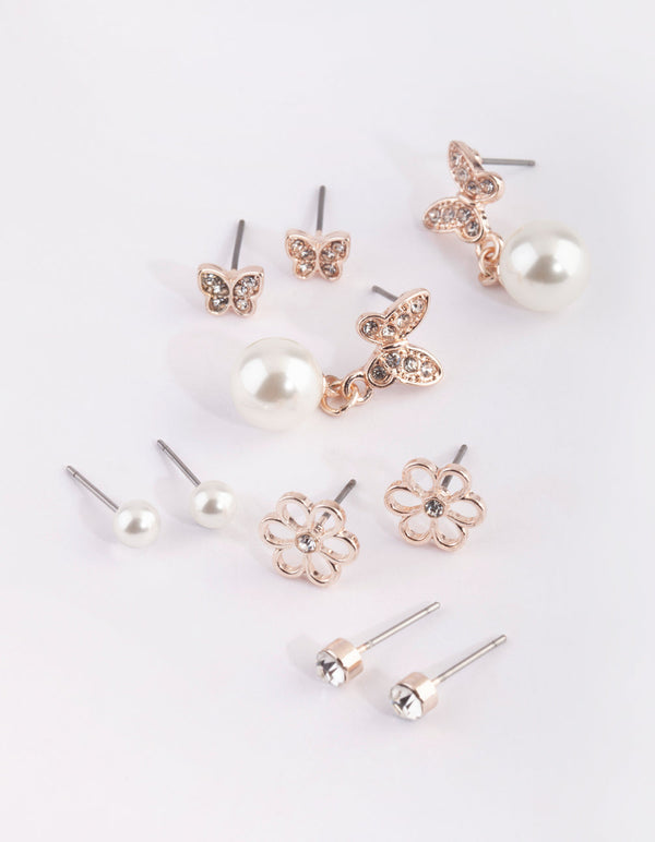 Rose Gold Flower and Butterfly Stud Earring Pack