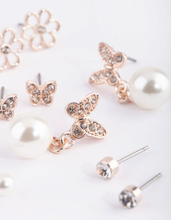 Rose Gold Flower and Butterfly Stud Earring Pack