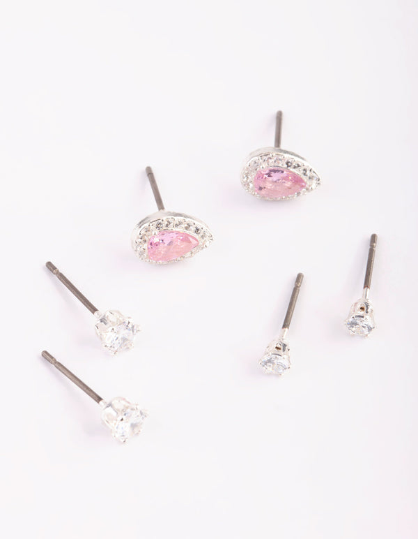 Silver and Pink Cubic Zirconia Stud Earring Pack
