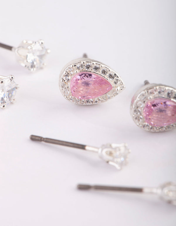 Silver and Pink Cubic Zirconia Stud Earring Pack