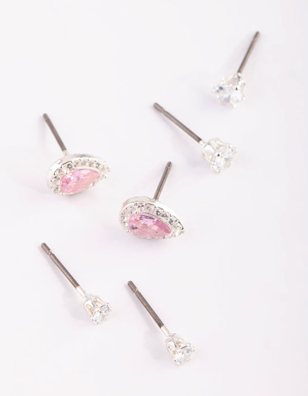 Silver and Pink Cubic Zirconia Stud Earring Pack