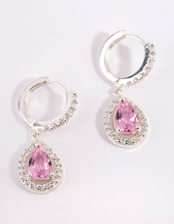 Silver and Pink Cubic Zirconia Huggie Earrings