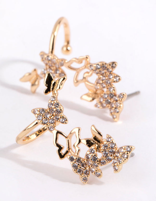 Gold Cubic Zirconia Butterfly Crawler Earrings