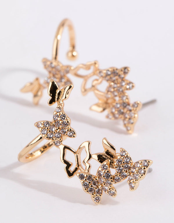Gold Cubic Zirconia Butterfly Crawler Earrings
