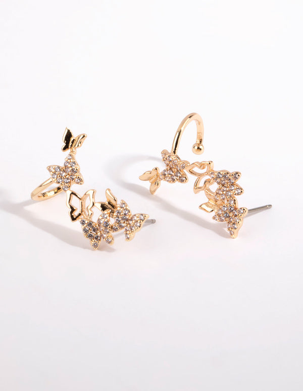 Gold Cubic Zirconia Butterfly Crawler Earrings