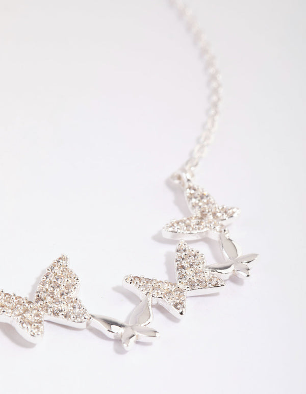 Silver Cubic Zirconia Multi Butterfly Necklace
