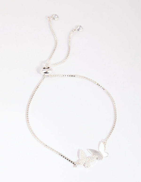 Silver Cubic Zirconia Double Butterfly Toggle Bracelet