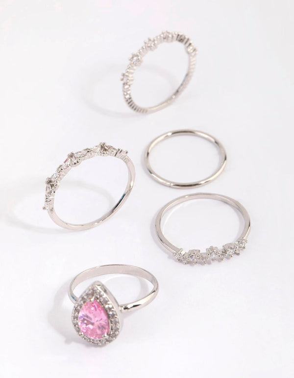 Rhodium Cubic Zirconia Pink Diamante Ring Pack