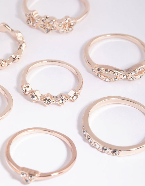Rose Gold Bow and Flower Diamante Ring Pack
