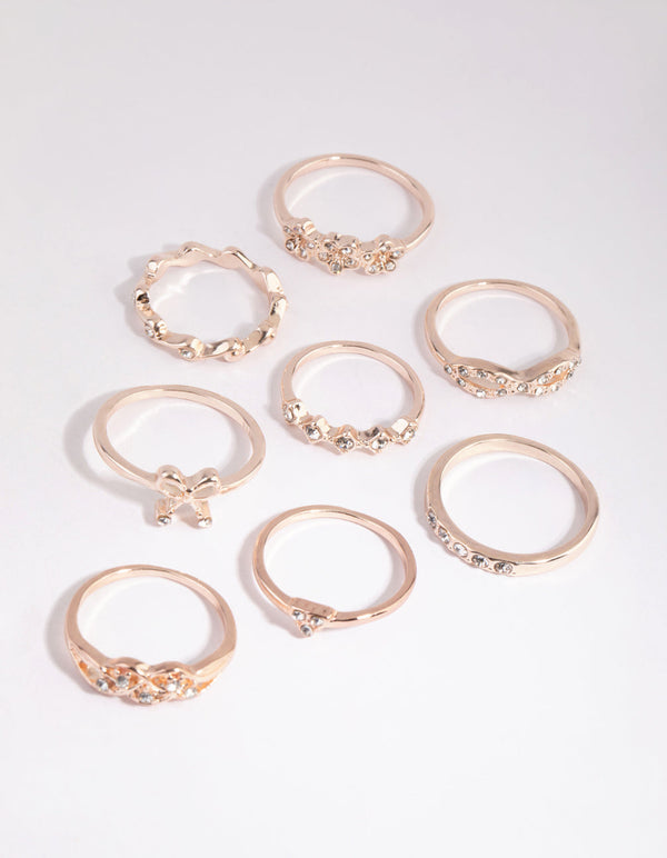 Rose Gold Bow and Flower Diamante Ring Pack