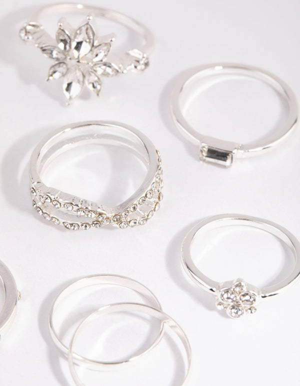 Silver Geometric Flower Ring Pack