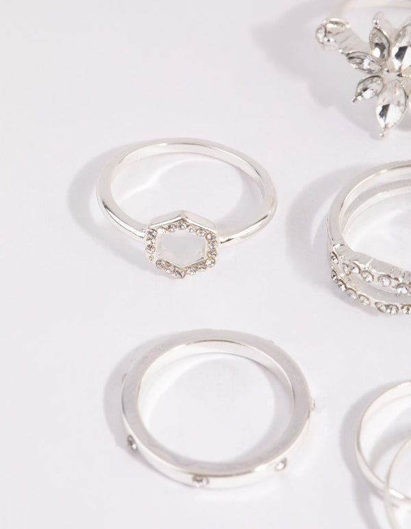 Silver Geometric Flower Ring Pack