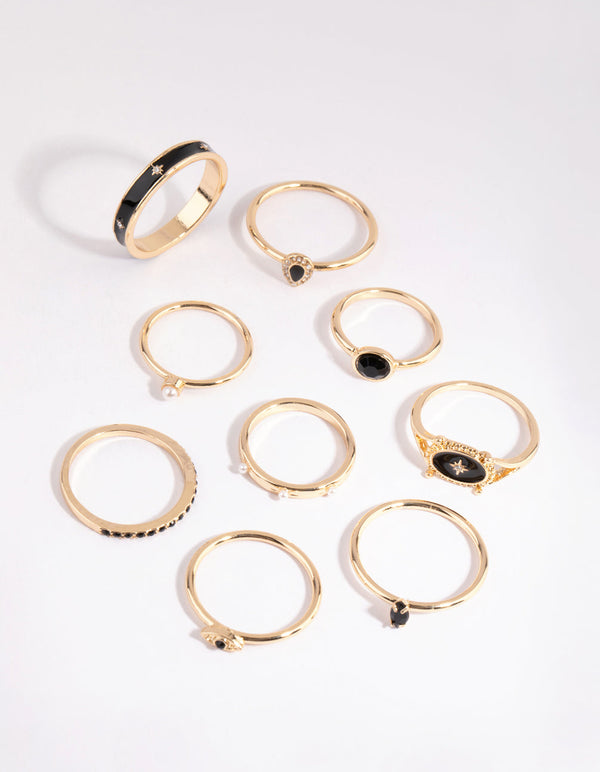 Gold Mixed Enamel Stone Ring Pack