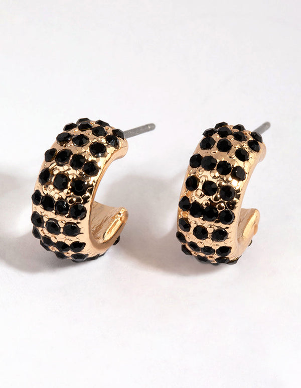Gold Black Diamante Hoop Earrings