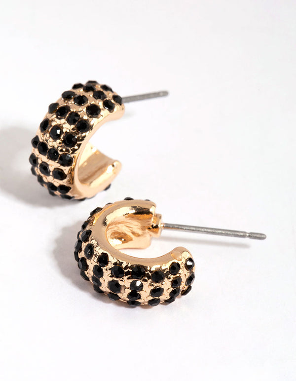 Gold Black Diamante Hoop Earrings