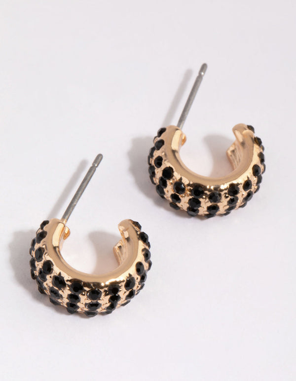 Gold Black Diamante Hoop Earrings