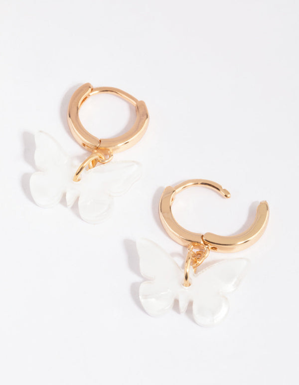 Gold and White Acrylic Butterfly Huggie Earrings