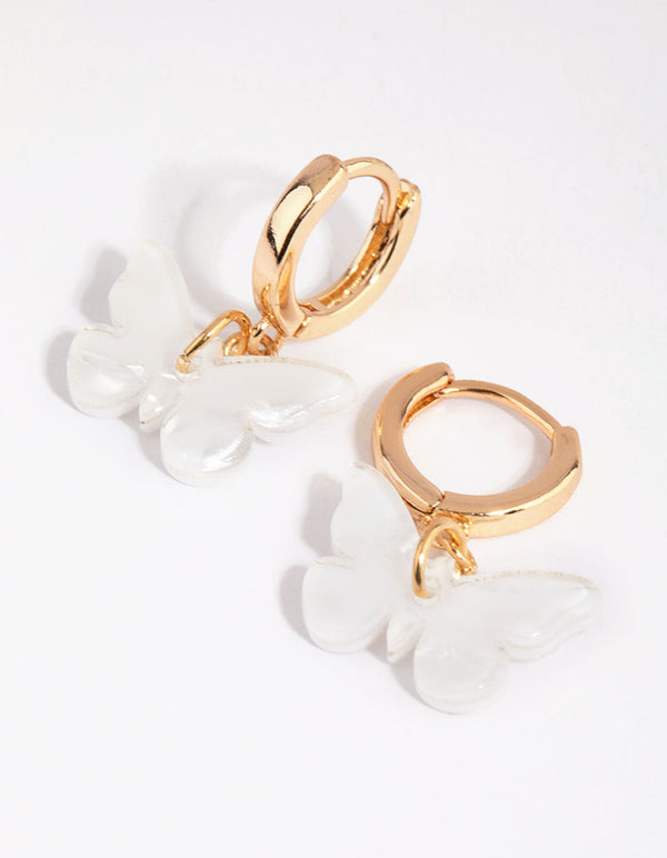 Gold and White Acrylic Butterfly Huggie Earrings