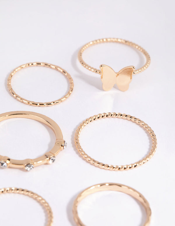 Gold Butterfly and Diamante Fine Ring Pack