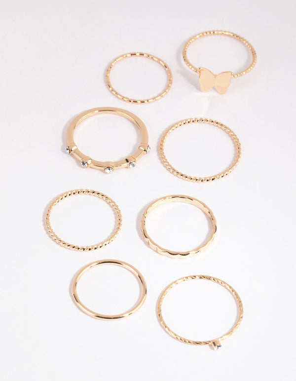Gold Butterfly and Diamante Fine Ring Pack