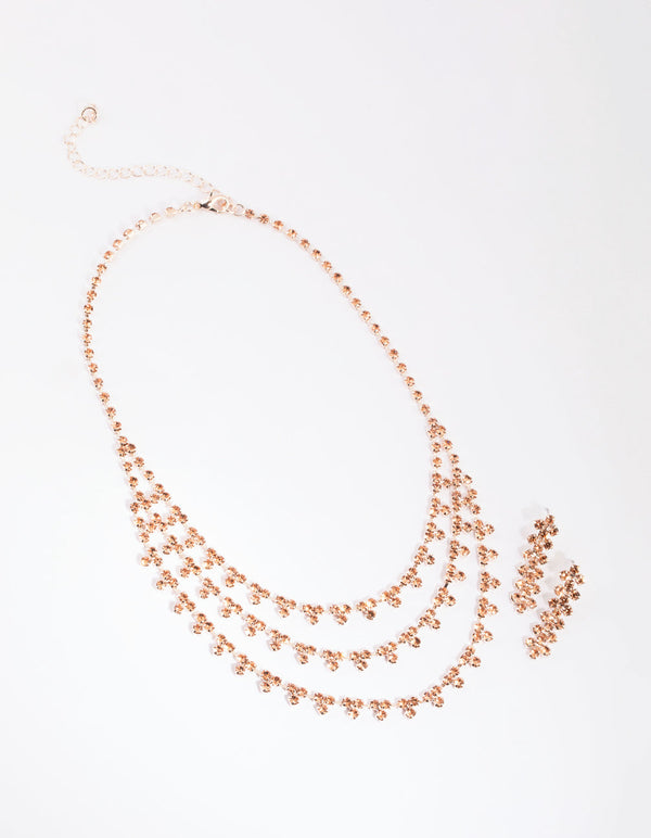 Rose Gold Tiered Diamante Necklace and Earrings Set