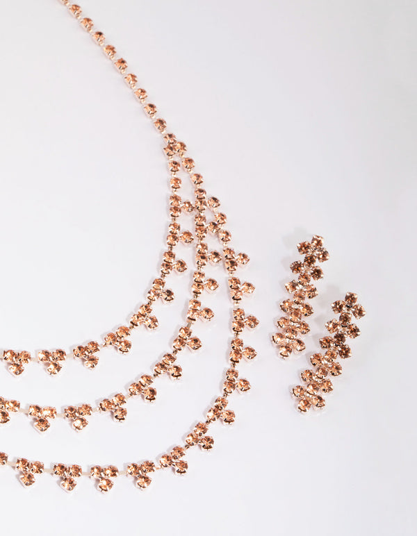 Rose Gold Tiered Diamante Necklace and Earrings Set