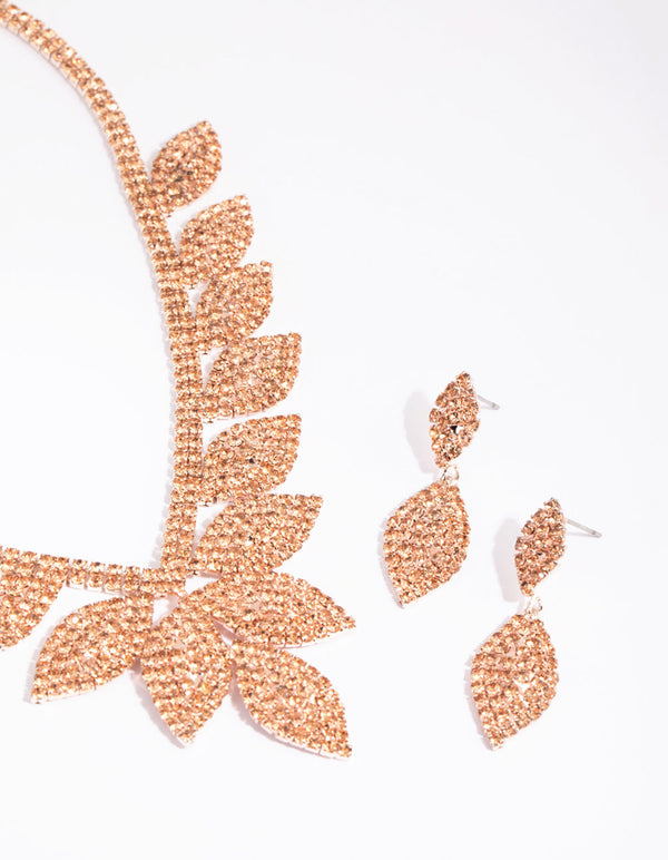 Rose Gold Diamante Leaf Necklace and Earrings Set