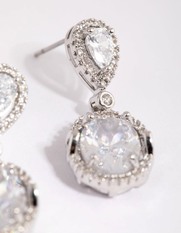 Rhodium Diamond Simulant Oval Drop Earrings