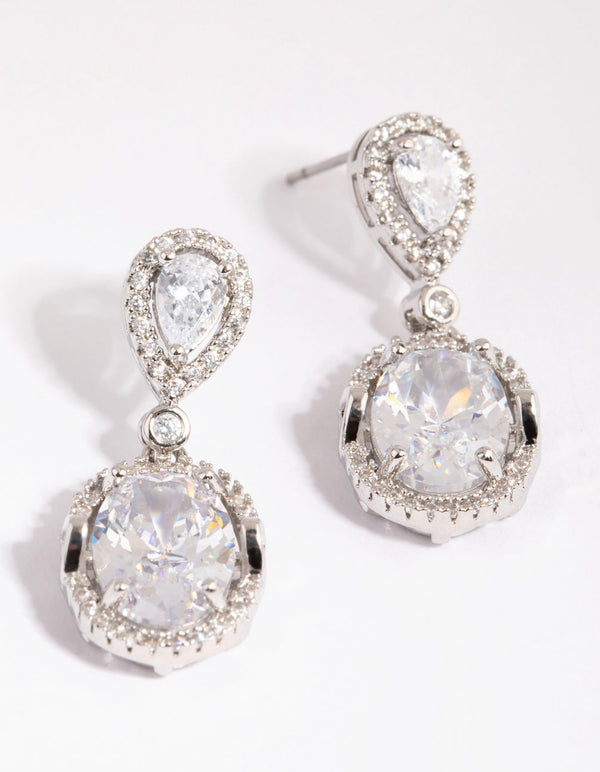 Rhodium Diamond Simulant Oval Drop Earrings