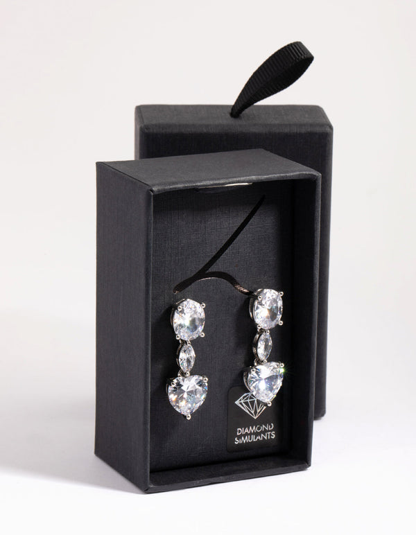 Rhodium Diamond Simulant Heart Drop Earrings