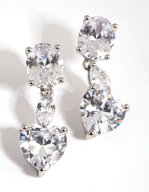 Rhodium Diamond Simulant Heart Drop Earrings