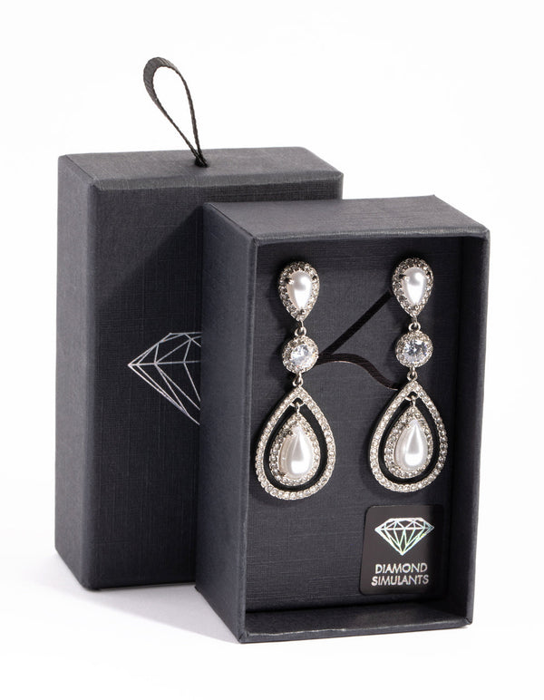 Rhodium Graduated Pearl Open Teardrop Earrings