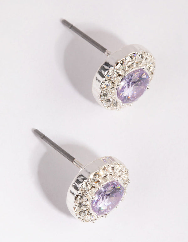 Silver and Lilac Diamond Simulant Halo Stud Earrings