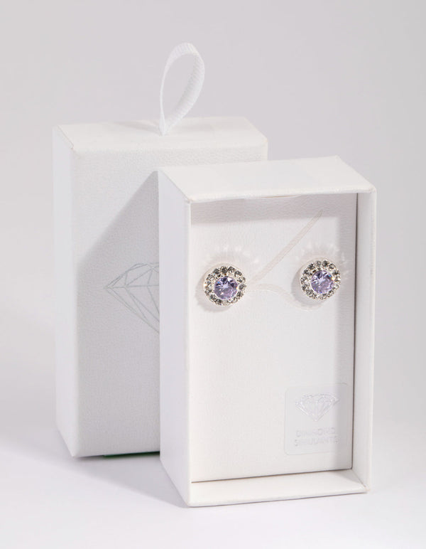 Silver and Lilac Diamond Simulant Halo Stud Earrings
