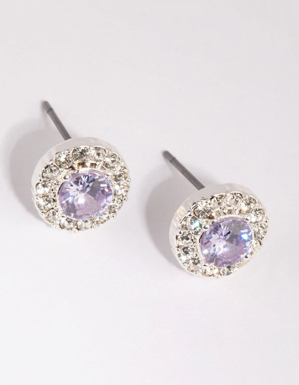 Silver and Lilac Diamond Simulant Halo Stud Earrings