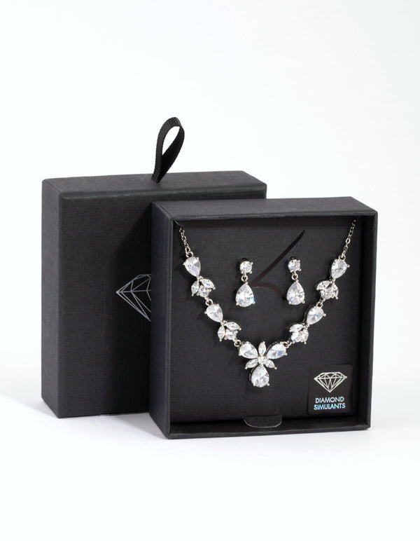 Rhodium Diamond Simulant Floral Teardrop Necklace and Earrings Set