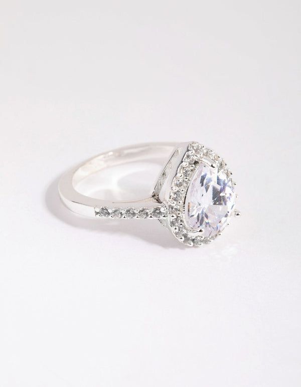 Silver Diamond Simulant Teardrop Ring