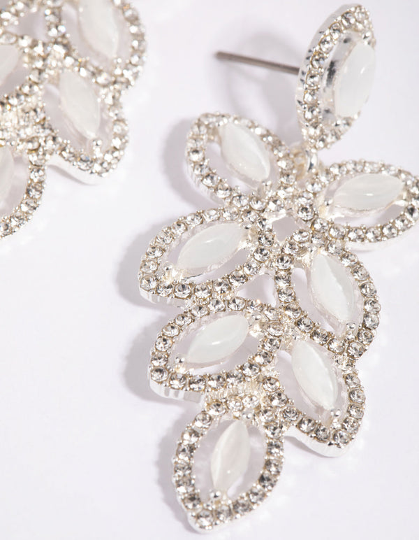 Silver Flower Cut Out Diamante Drop Earrings