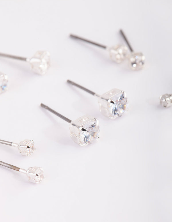 Silver Graduated Diamante Stud Earring Pack