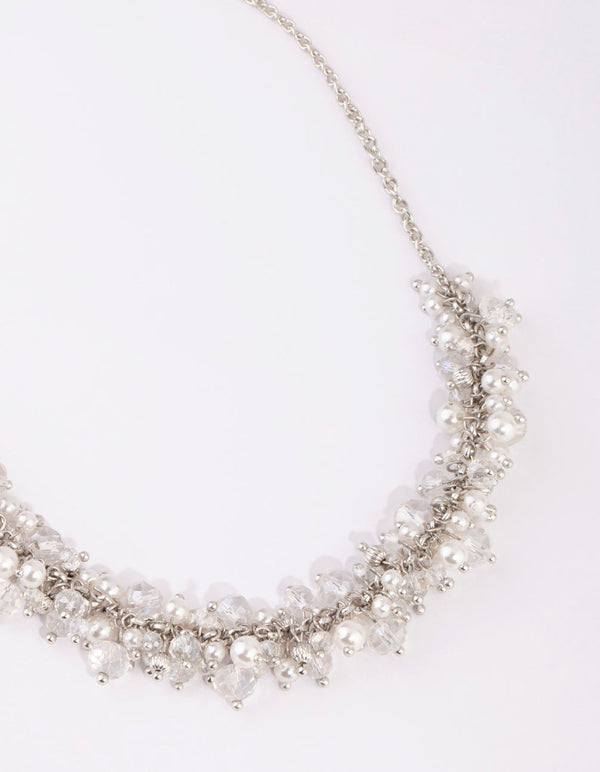 Silver Pearl Bead Cluster Necklace