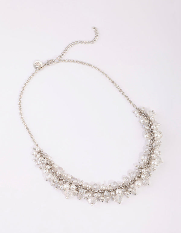 Silver Pearl Bead Cluster Necklace